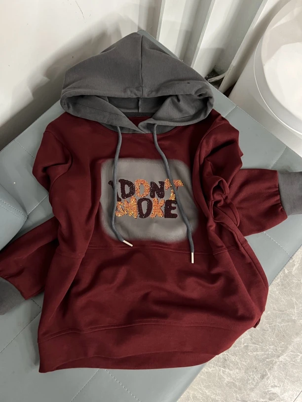 6617秋季时尚连帽T恤字母烫钻印花百搭显瘦洋气减龄休闲卫衣