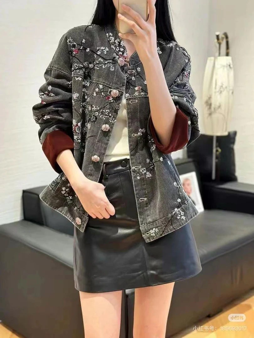 89072秋季新款重工刺绣拼接牛仔外套高级感长袖上衣
