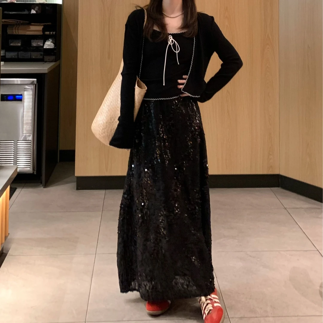 SUNCC现货 闪光裙 早秋新气质高级感黑色显瘦百搭小众亮片半身裙