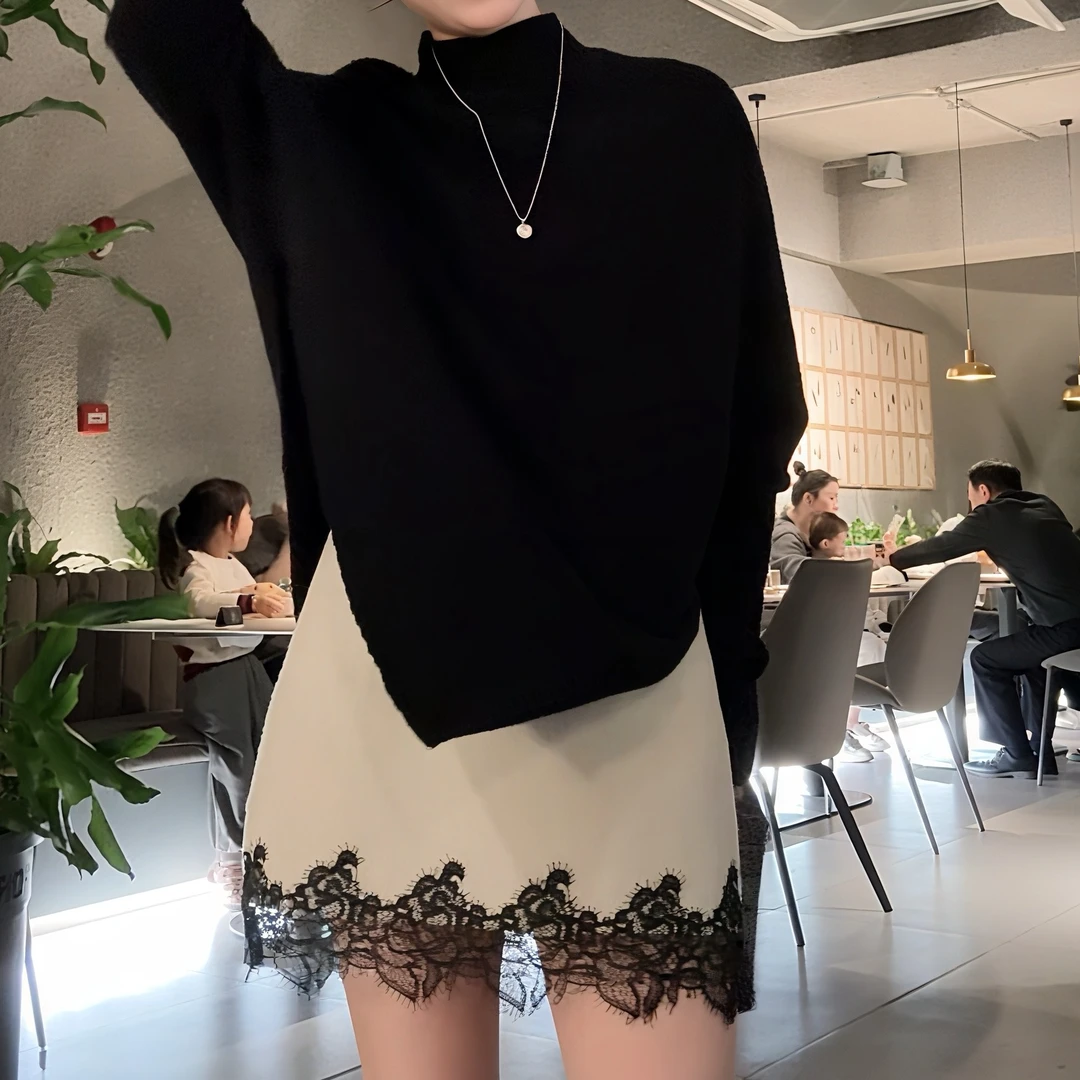 SUNCC现货 情人 45羊毛气质高级感蕾丝勾花拼接加厚羊呢半身裤裙