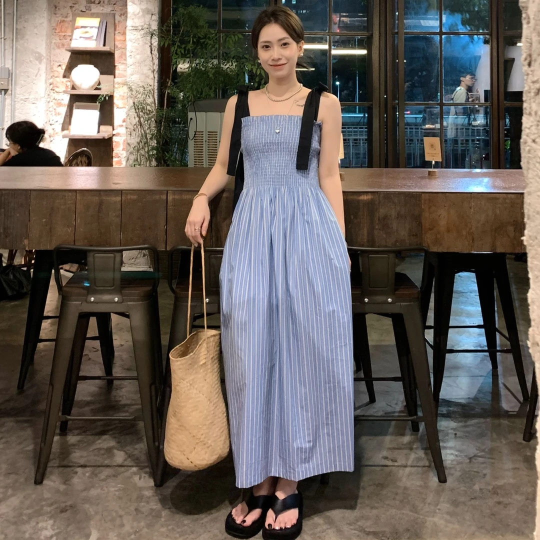 SUNCC自制 蓝海传说 夏小众设计师款显白度假收腰显瘦条纹连衣裙