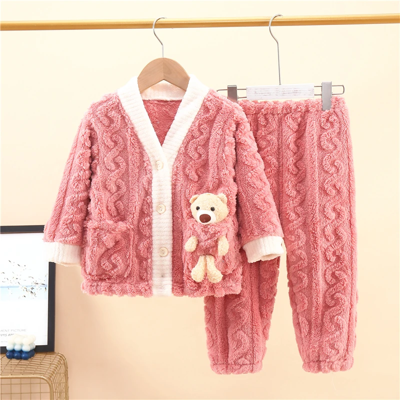 儿童冬季保暖睡衣套装加绒加厚法兰绒男童女孩子小宝宝布偶家居服