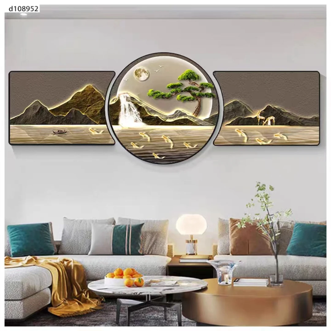 客厅三联画【K29九鱼迎客】餐厅平面珠联璧合客厅装饰画