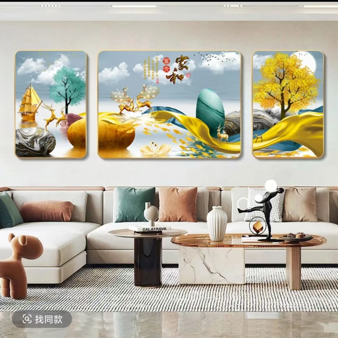 镶钻【家和富贵】7105客厅背景墙高档三联画装饰画捡漏福利款