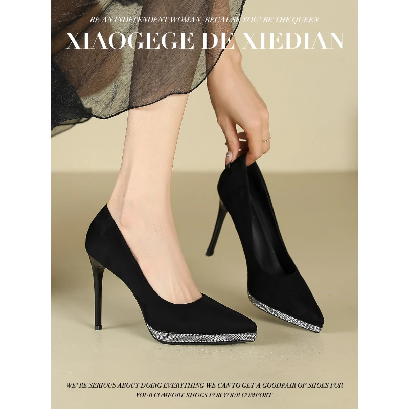 防水台性感黑色高跟鞋女尖头细跟2024年秋冬新款10cm水钻时尚单鞋