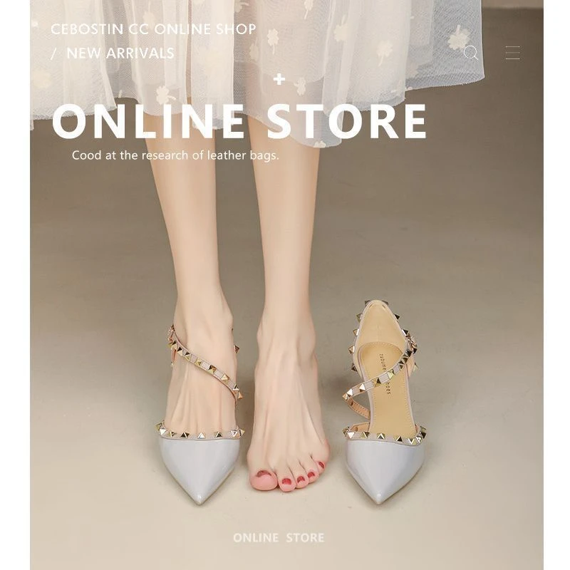 2025新款铆钉包头凉鞋百搭中空漆皮法式少女名媛细跟高跟鞋女夏季