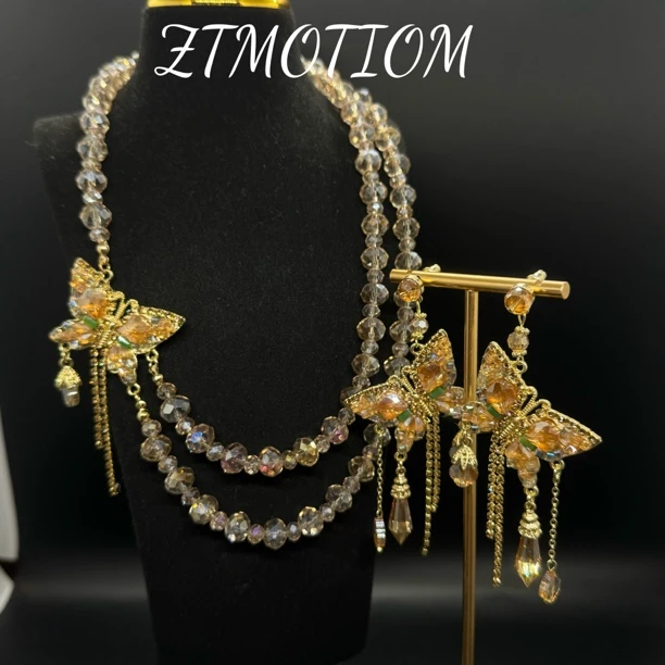 铜合金项链 双层蝴蝶 vintage中古香槟色毛衣链扫肩流苏气质轻奢