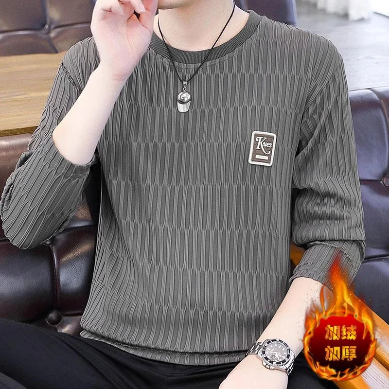 秋冬季加绒高级感男士T恤高端潮牌圆领内搭打底衫韩版修身百搭男