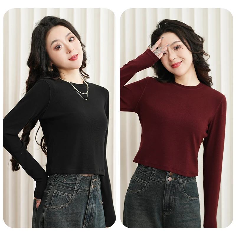 浅婉梦圆领短款上衣女款春季新款正肩长袖T恤时尚百搭纯色内搭