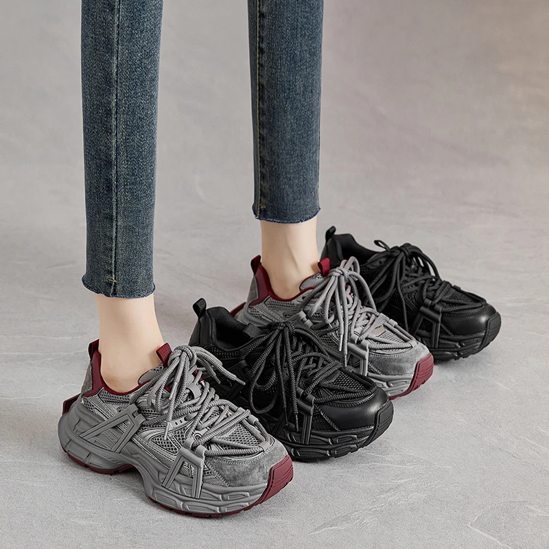 安哥拉红厚底老爹鞋女2024秋季新款网面透气增高真皮运动休闲鞋潮