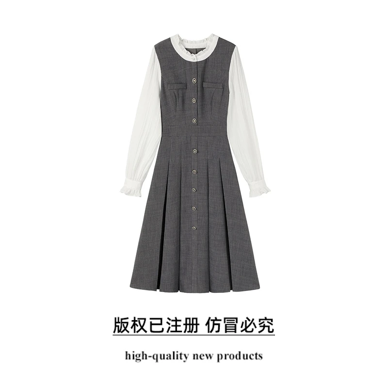 【天鹅之舞】大码女装2024秋季气质花边小立领裙子时尚拼接连衣裙