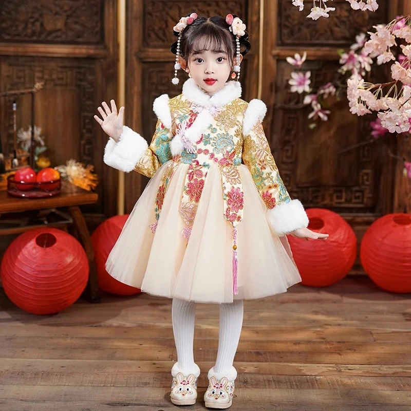 汉服女童加绒冬天裙子女宝加厚拜年服新款女孩冬装儿童唐装连衣裙
