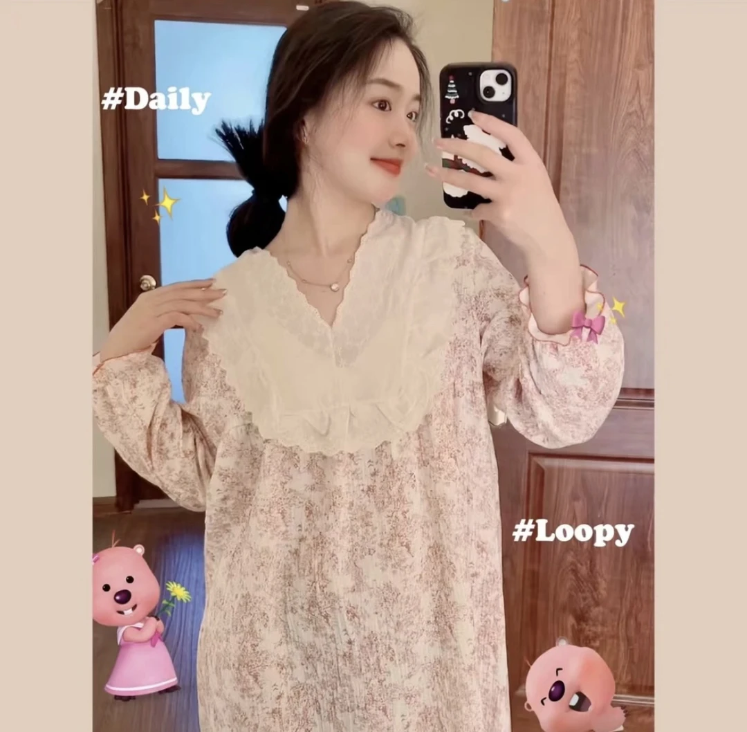 新款纯棉婴儿棉纱蕾丝V领家居长裙