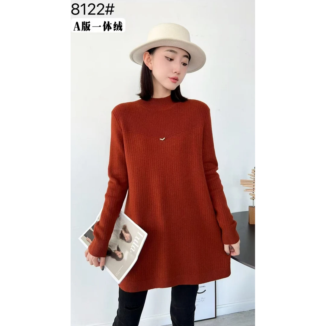 8122A版一体绒针织半高领宽松时尚毛衫长袖套头加厚百搭中长款