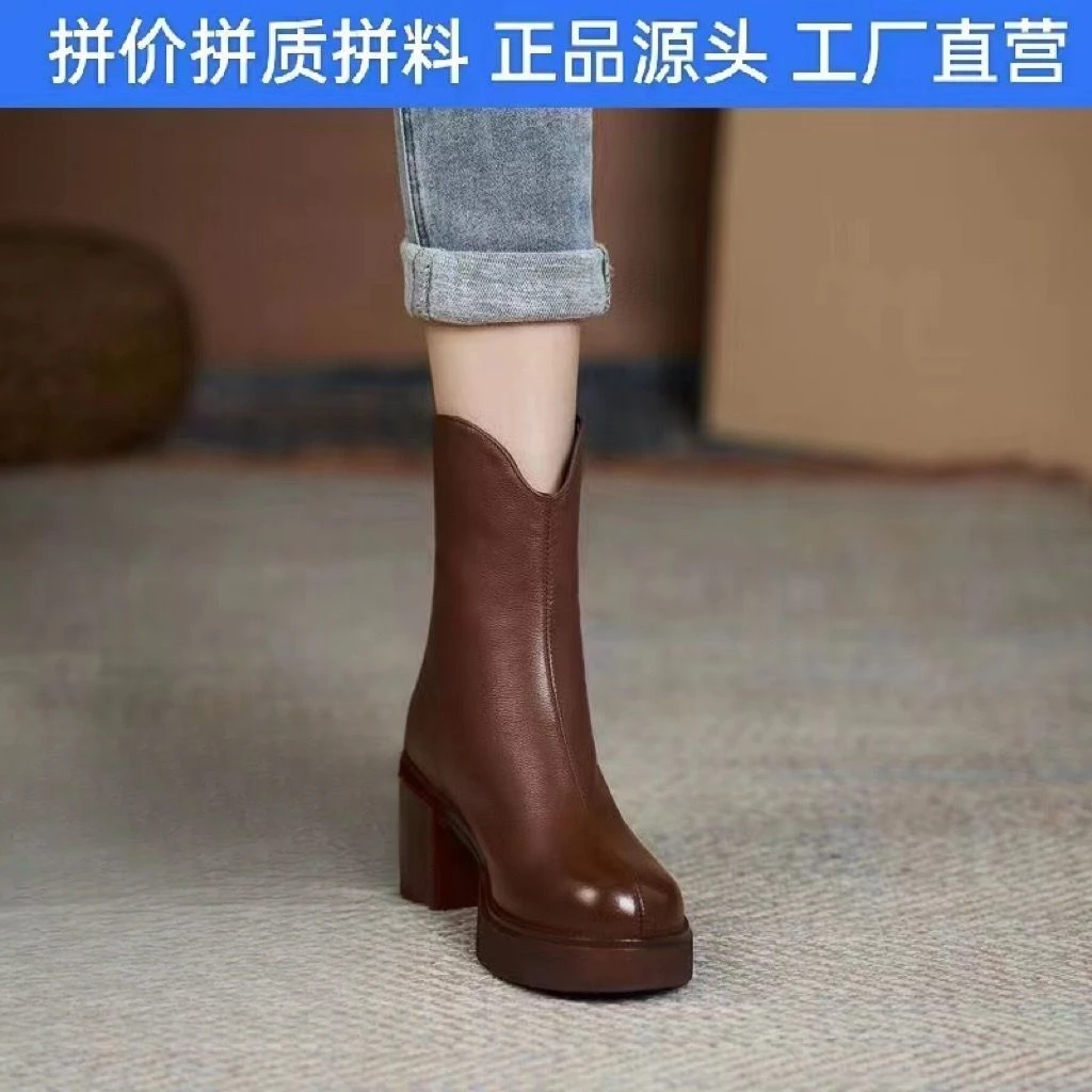休闲千寻宜鞋牌高跟马丁靴女2023年新款轻底粗跟加绒皮靴保暖时ps