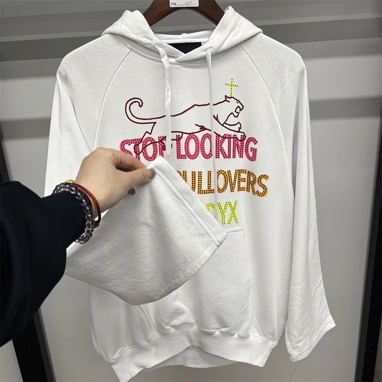 EX L-20春季白色字母烫钻宽松阔版休闲运动连帽卫衣 05625