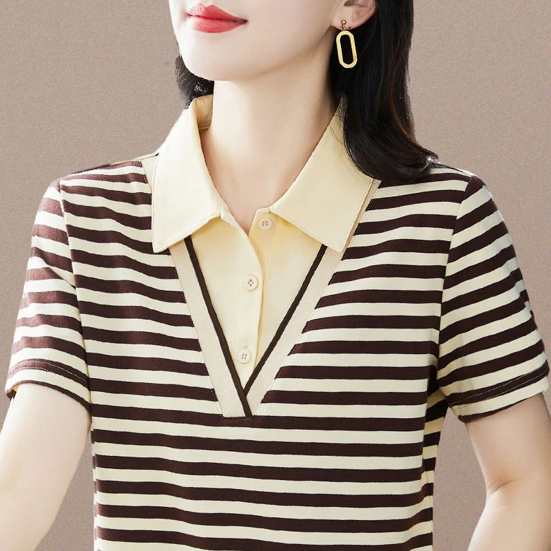 条纹短袖t恤女夏季2025新款显瘦妈妈百搭洋气休闲透气polo衫上衣
