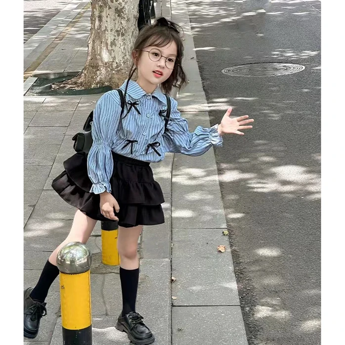 女童秋季新款套装儿童洋气蝴蝶结条纹衬衫女宝宝百褶裙衬衣两件套