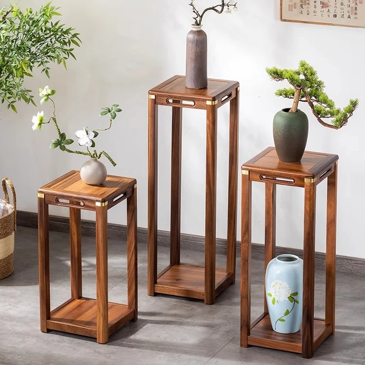 实木花架胡桃木新中式家用客厅阳台仿古花几室内置物架方形盆景架