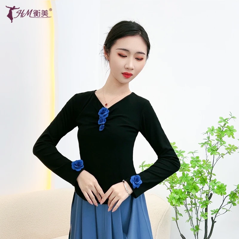 S540中袖 现代舞蹈服上衣立体玫瑰花练功服形体集训服装女