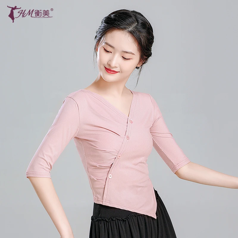 形体舞蹈练功服女成人上衣中袖修身显瘦v领现代中国古典舞训练服