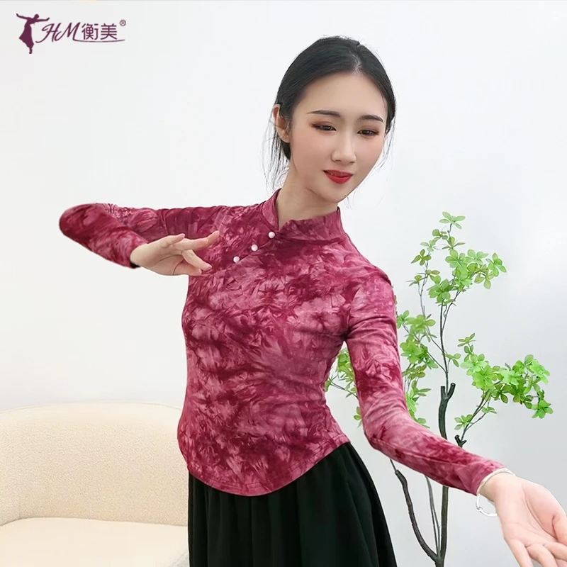 古典舞服装女扎染旗袍领国风中袖舞蹈练功服上衣现代舞广场舞服夏