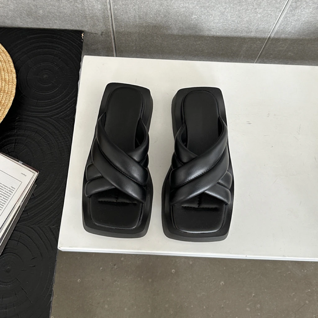 SUSU 休闲外穿方头舒适厚底波浪底交叉带网红拖鞋67695（前7）