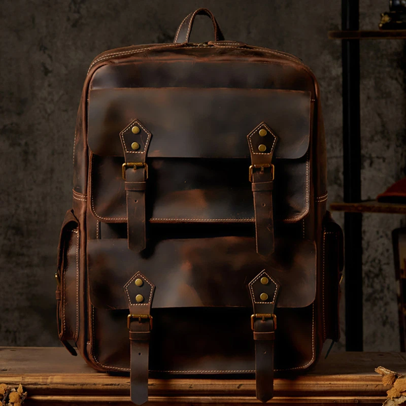 手工疯牛皮双肩包男复古真皮旅行背包头层牛皮大容量电脑英伦背包
