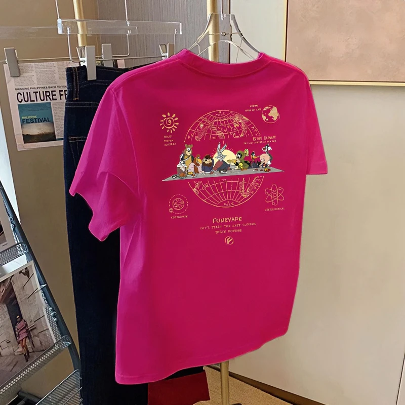 火龙果色纯棉字母t恤短袖女2024夏新款宽松半袖纯欲慵懒风上衣