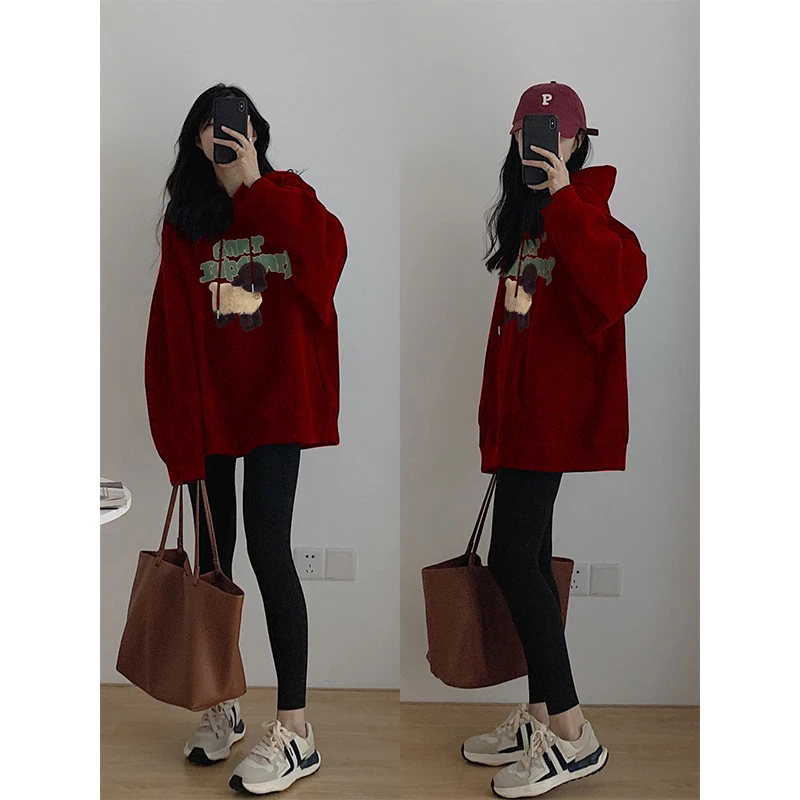 秋冬酒红色连帽卫衣外套女2024新款爆款oversize上衣套装卫衣女