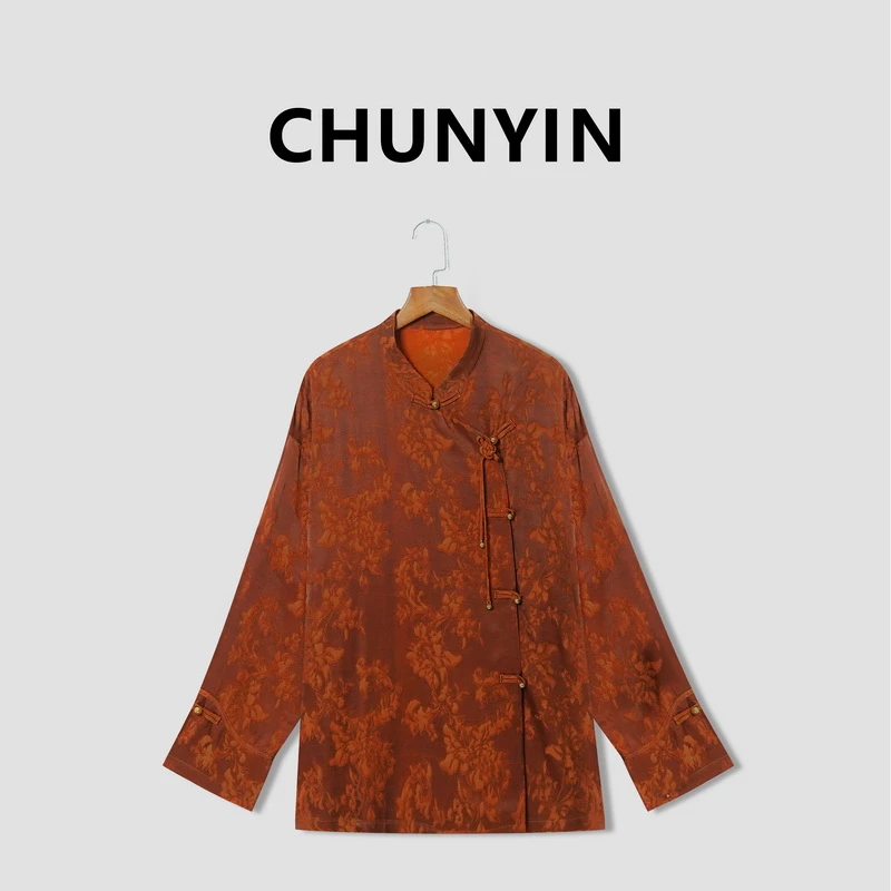 李心儿【红颜】新中式国风设计师彼岸花提花时尚气质立领T恤20427