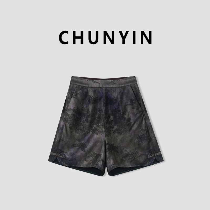 李心儿【浮海短裤】新中式国风设计师重工印花休闲时尚短裤21319