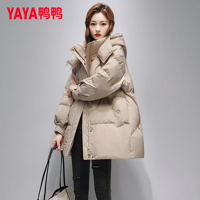 YAYA/鸭鸭羽绒服女士中长款宽松百搭时尚休闲连帽潮流保暖外套