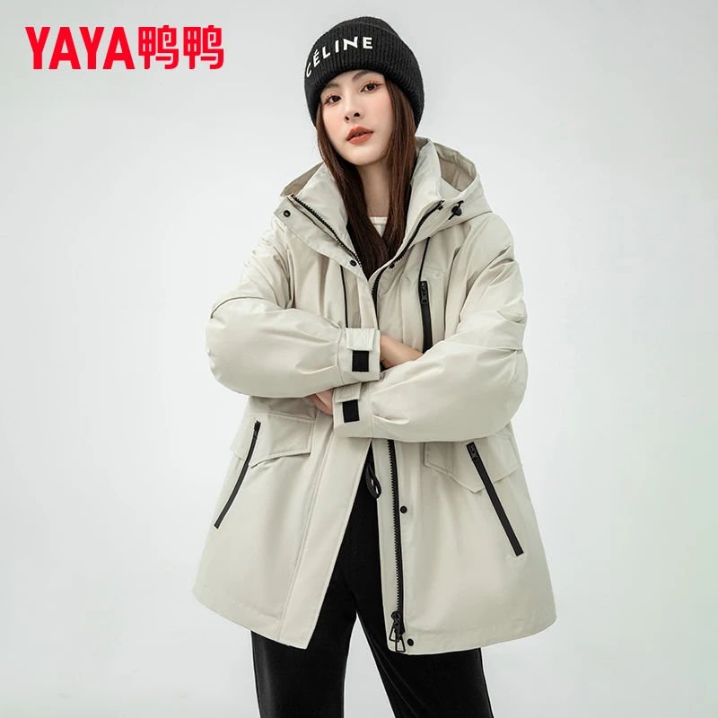 YAYA/鸭鸭正品派克羽绒服女中长款2025冬季新款收腰显瘦工装外套