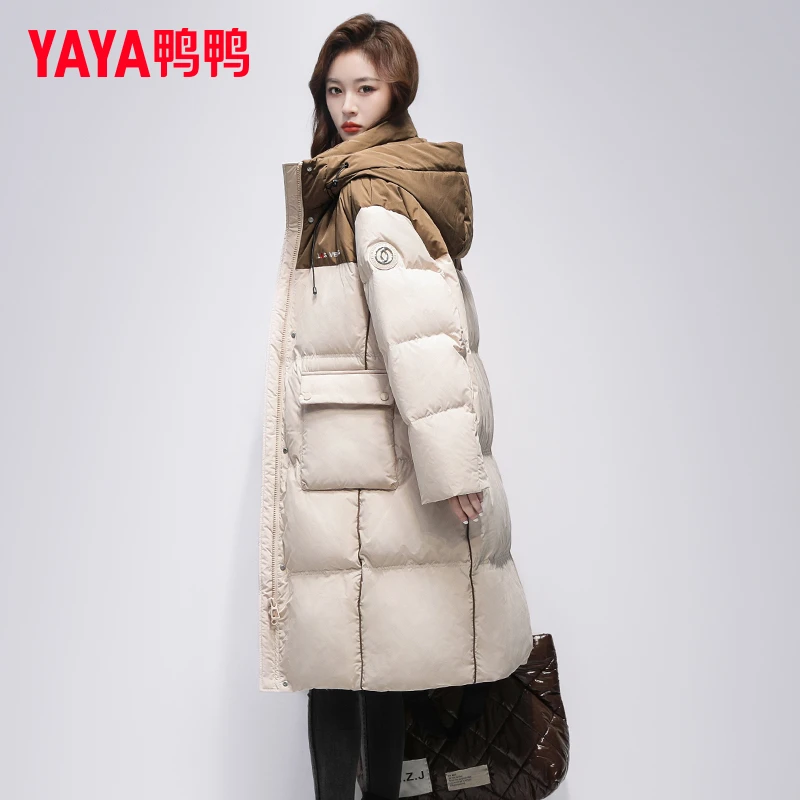 YAYA/鸭鸭羽绒服女2025新款时尚撞色加厚连帽宽松中长款鸭绒外套