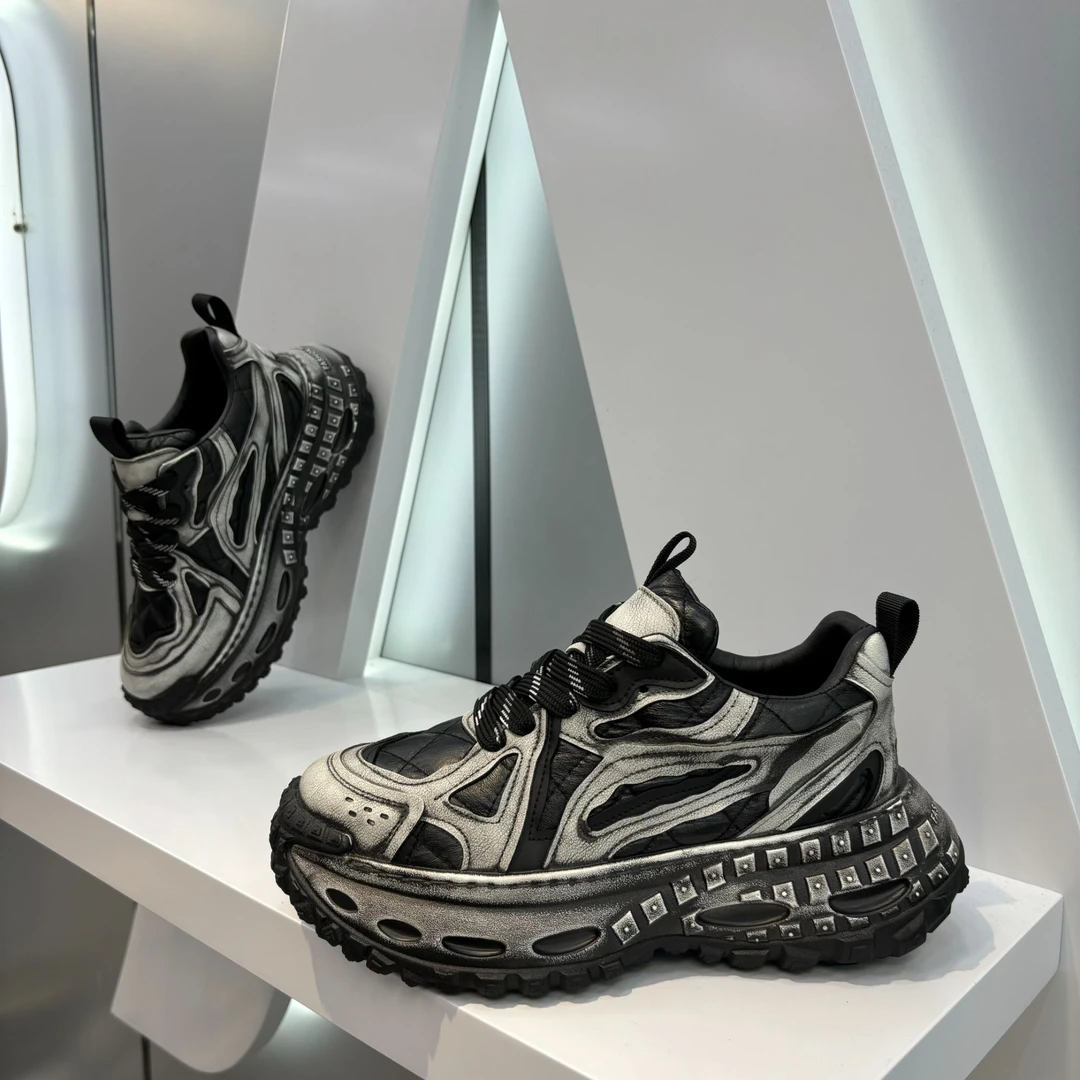 厚底老爹鞋男鞋2024秋季皮面拼接透气潮流百搭新品舒适爆款运动鞋