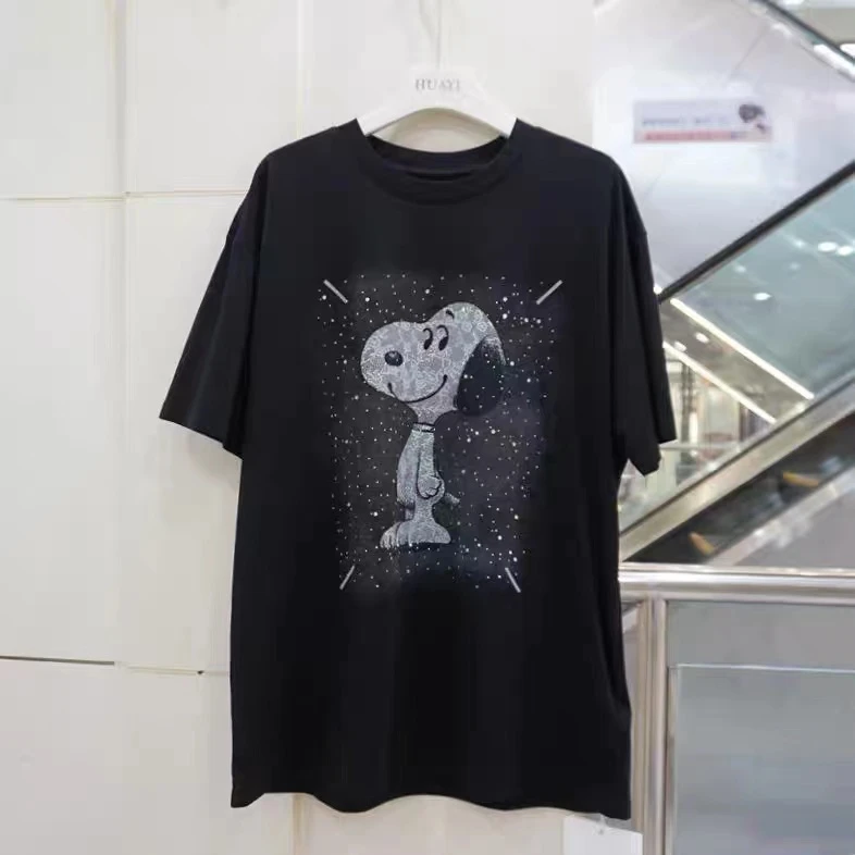 大码夏季薄款时尚宽松印花重工镶钻小狗休闲百搭短袖T恤