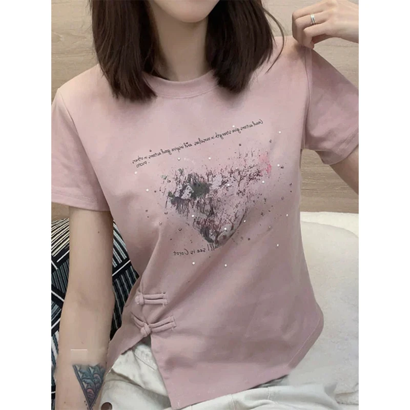 国风盘扣圆领短袖t恤女2025夏季新款不规则印花修身开叉上衣短款