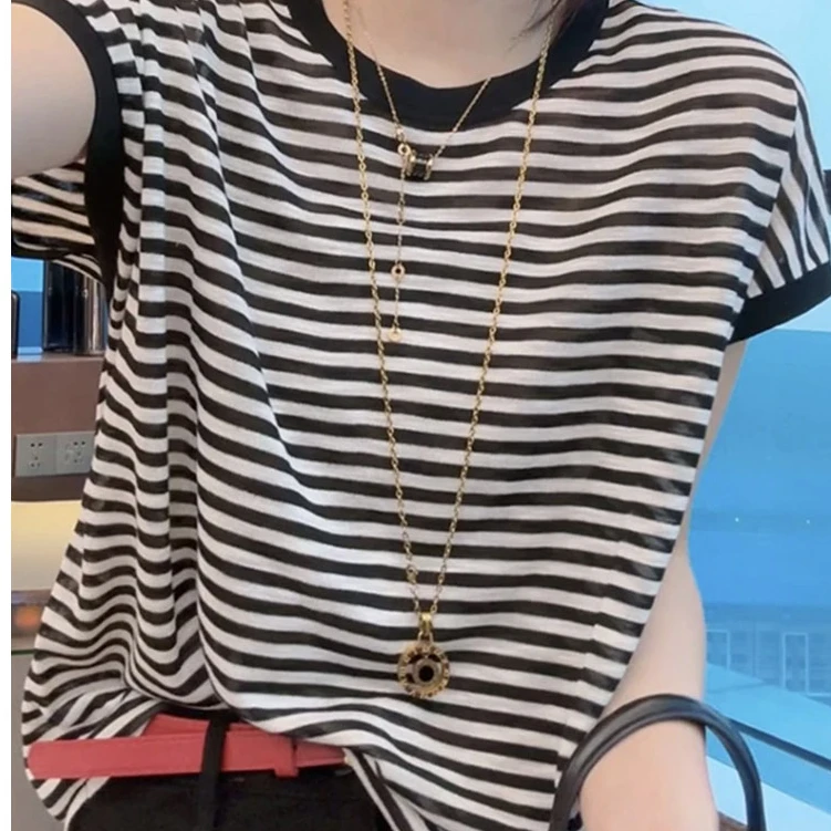 短袖女t恤2025爆款洋气休闲条纹撞色夏季轻薄圆领显瘦百搭上衣女