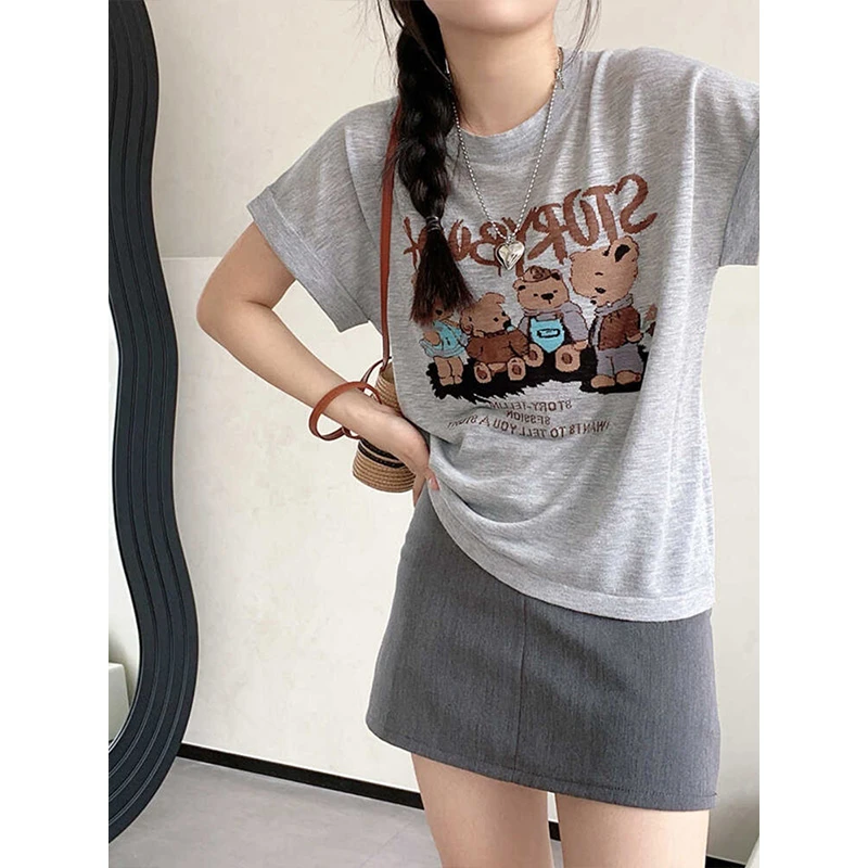 韩系百搭宽松竹节棉上衣女夏秋新款时尚印花正肩短袖打底衫T恤潮