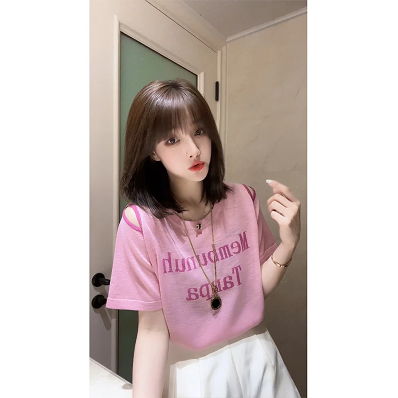 设计感撞色镂空露肩短袖t恤女夏2025新款宽松薄款竹节棉百搭上衣