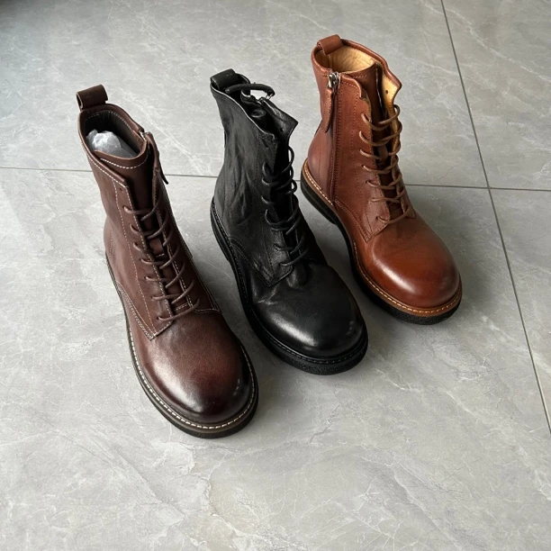 高货 水洗缩纹马皮马丁靴复古擦色英伦风圆头系带侧拉链女短靴