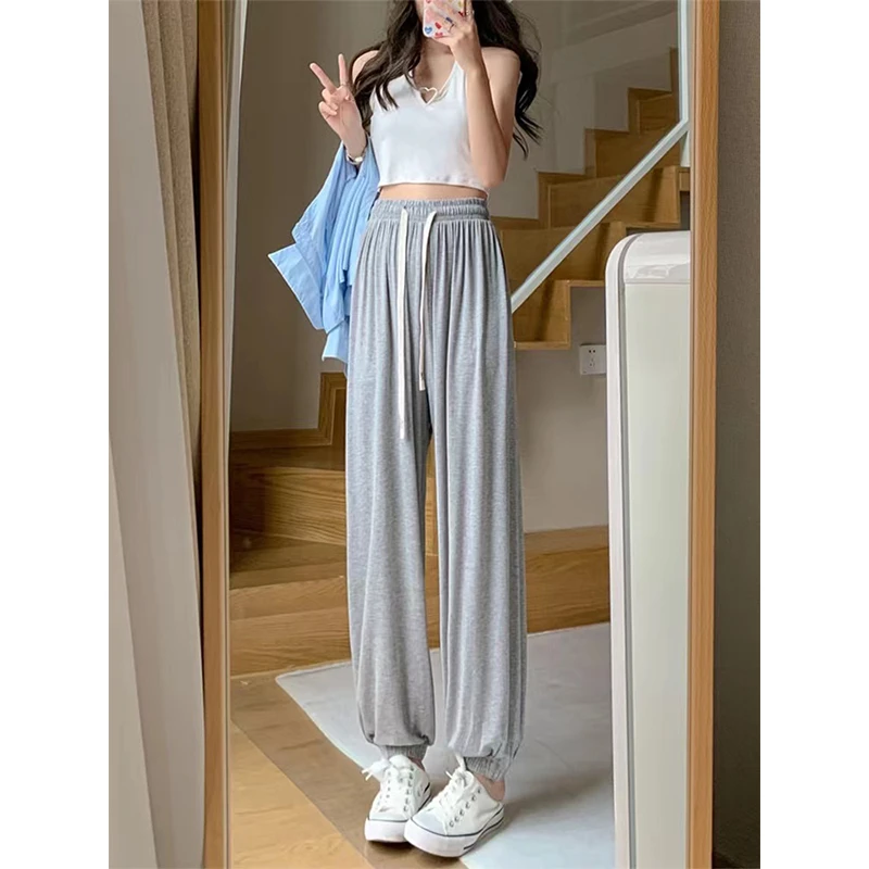 2025新款时尚显瘦宽松纯色百搭松紧腰舒适长裤女冰丝裤女款抖抖裤
