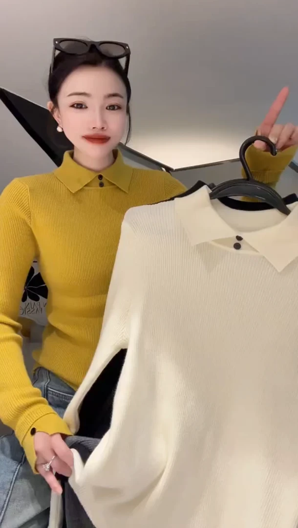 欧货2024冬款女装时尚设计感两粒扣Polo翻领长袖细羊绒针织打底衫