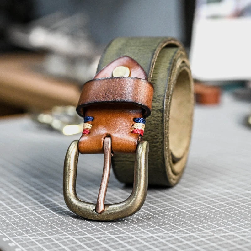 绿色撞色皮带美式复古粗矿头层纯牛皮腰带做旧黄铜扣手工皮带腰带