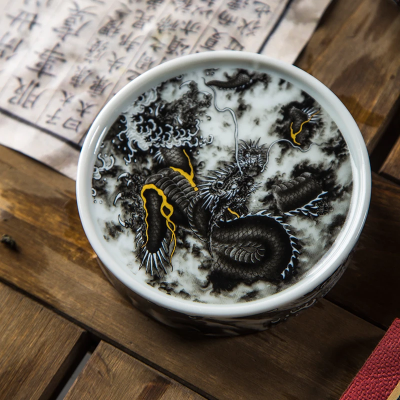 景德镇炎匠堂粉彩墨龙盖置 茶杯垫 茶道 功夫茶  墨彩描金 中式