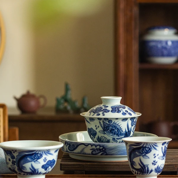 景德镇青花仿元鱼藻茶具套装 茶具套组 茶道 功夫茶 青花瓷