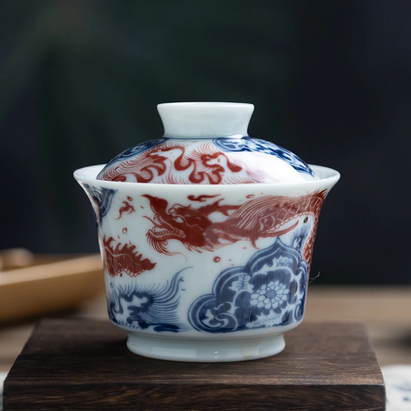 景德镇炎匠堂青花釉里红仿明如意穿花龙马蹄盖碗 青花瓷 釉下彩