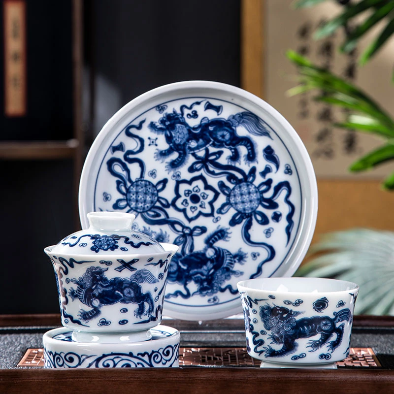 景德镇青花狮子滚绣球茶具套装  仿明  釉下彩  青花瓷 家用茶盘
