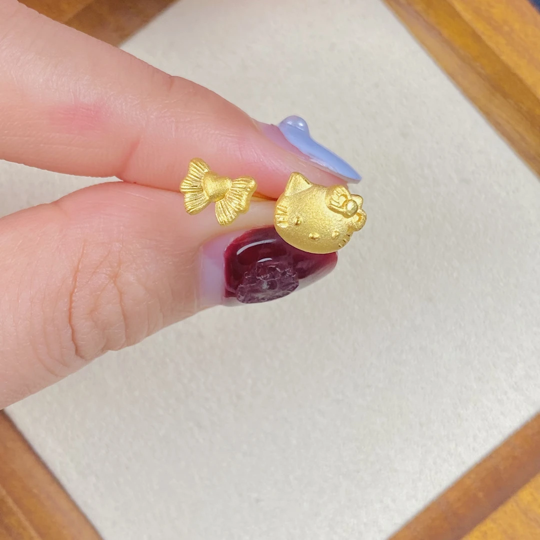 璟金珠宝 足金999 实心素金蝴蝶结kt猫耳钉 克重2.32g